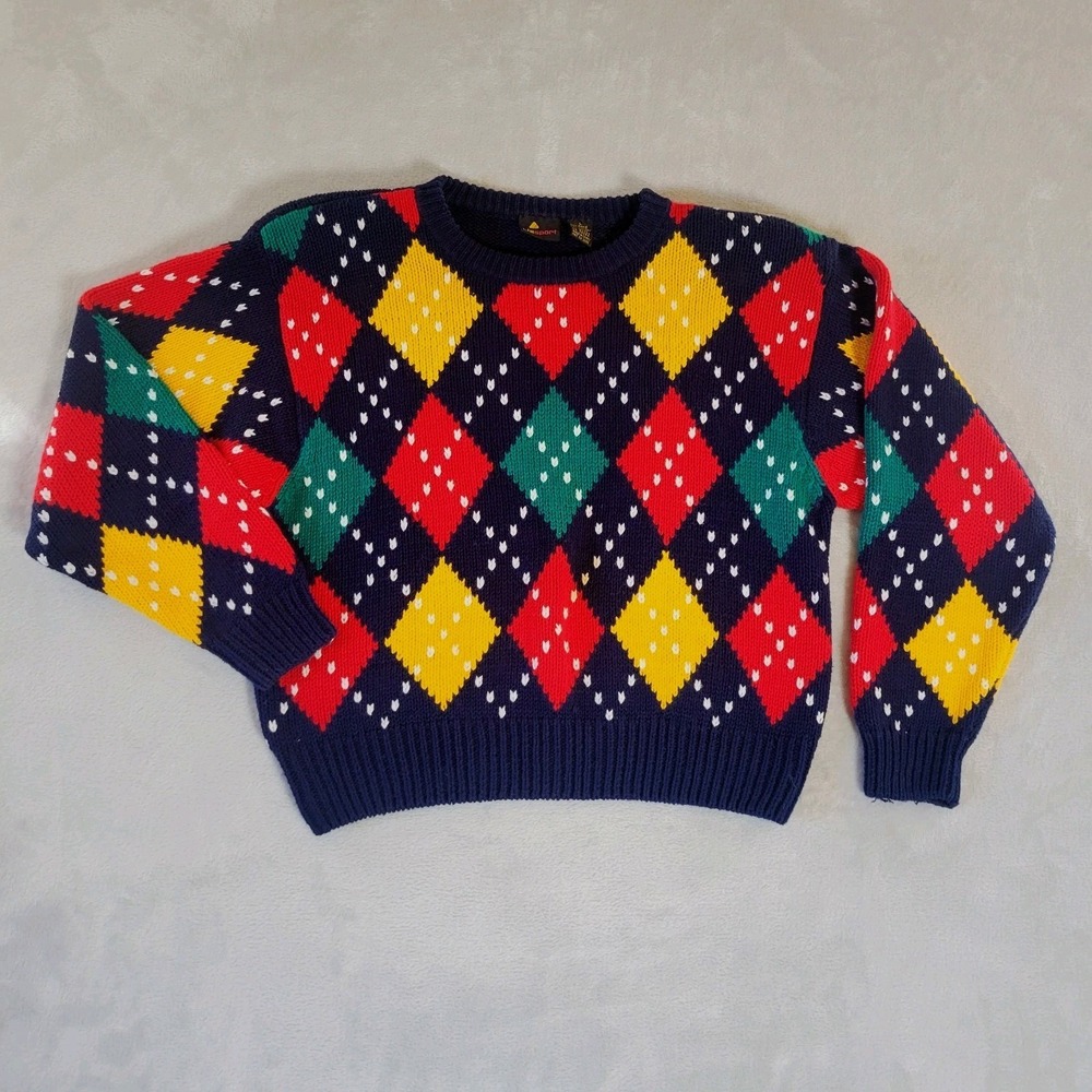 Liz Sport Vintage 90s Argyle Sweater Large Boxy Navy Red Yellow Preppy